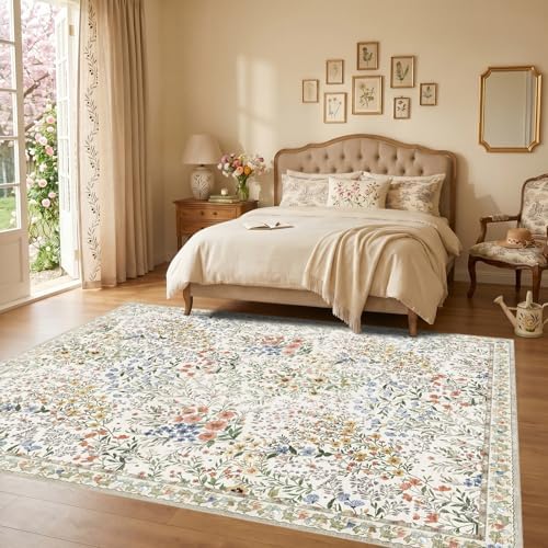 Vintage Botanical Floral Rug 8x10: Cottage Area Rug - Machine Washable Non Slip Low Pile Foldable Carpet - Living Room Bedroom Dining Room Indoor Rug - 8'x10' Beige - Image 5