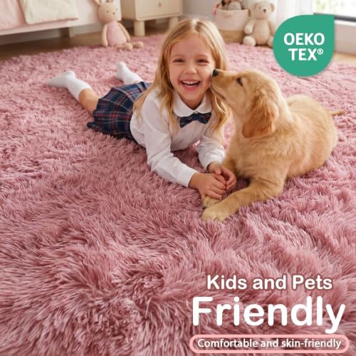 Blush Pink Fluffy Shag Area Rugs for Bedroom Girls 5x7, Soft Shaggy Carpets - Image 4