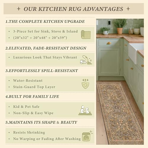 JTJ Brown Kitchen Rug Set of 3, Washable Non Slip Mats with Runner - Image 6