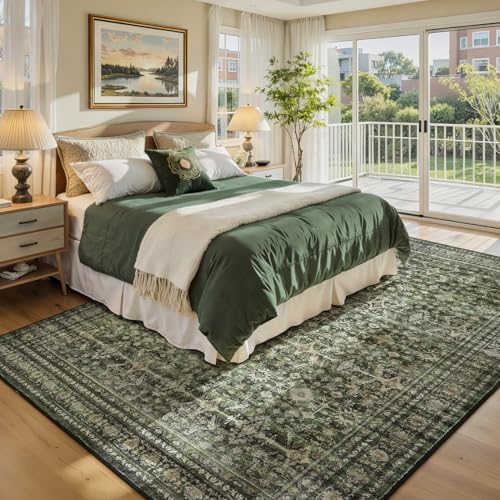 5x7 Olive Green Area Rugs for Living Room, Vintage Washable Rug - Image 3