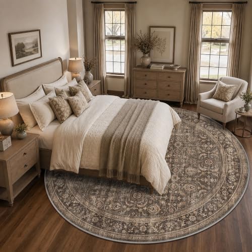 JOOJA 8x8 Dark Brown Vintage Low Pile Washable Boho Round Living Room Rug - Image 2