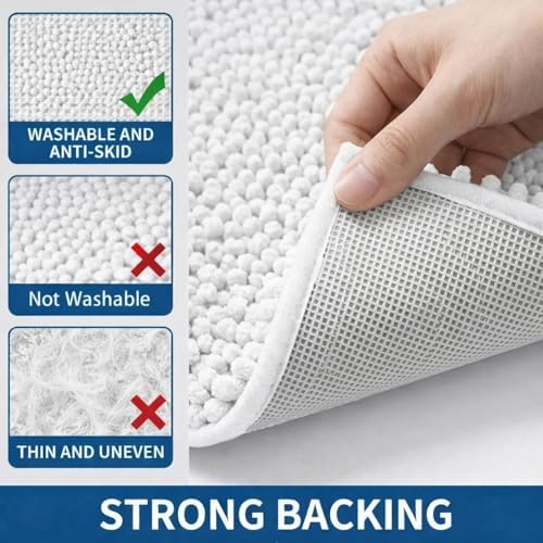Bathroom Rugs Sets 2 Piece,Super Absorbent Chenille Bath Mats and U-Shaped Toilet Rug,Strong PVC Non Slip Backing,Microfiber Washable Dry Quickly Bath Mats for Bathroom(20"x32"+20"x20"U,White) - Image 5
