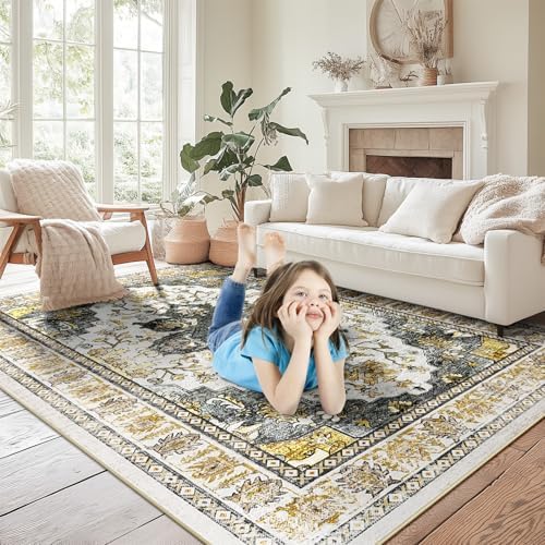 BESTSWEETIE Washable Boho 8x10 Area Rug, No Pile, Living Room, Grey Brown - Image 2