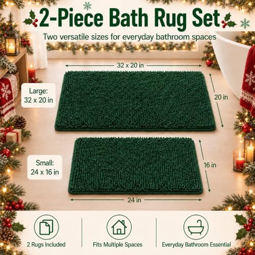2 Piece Bath Rugs for Bathroom Non Slip - Soft Plush Shaggy Mats Floor, Indoor Entryway Extra Soft Chenille Bath Mat Absorbent Bathroom Rug（Dark Green） - Image 2