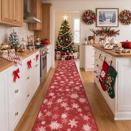 2x10 Runner Rugs for Living Room, Long Washable Christmas Hallway Rugs, Non-Slip Snowflake Bathroom Rug Runner, Soft Red and White Christmas Decor Indoor(2'x10', Red/White) - Image 5