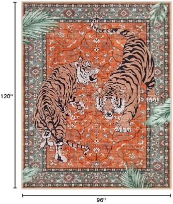 Moynesa Tiger Washable Rugs, 8x10 Area Rugs for Living Room, Soft Large Vintage 8x10 Bedroom Rug, Botanical Non Slip Ultra Thin Floor Carpet for Dining Room Home Office, Rust - Image 2