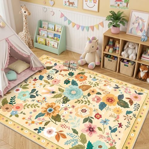RELEANY Floral Washable 5x7 Area Rugs Yellow/Orange - Image 2