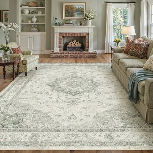 PureCozy Green 8x10 Washable Area Rug Living Room Vintage Oriental Carpet by PureCozy
