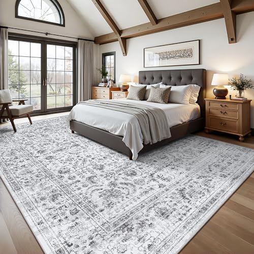 8x10 Area Rugs for Living Room, Washable Vintage Retro Floral Rug, Low Pile Non Slip Distressed Large Carpet for Bedroom, Dining Room, Office, Home (Vintage Black) - Image 3