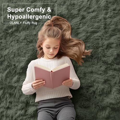 OLANLY 8x10 Machine Washable Large Area Rugs for Living Room, Bedroom, Soft Fluffy Shaggy Bedside Rug, Indoor Floor Carpet for Kids Girls and Boys, Dorms, Nursery, Home Decor Aesthetic, Olive Green - Image 6