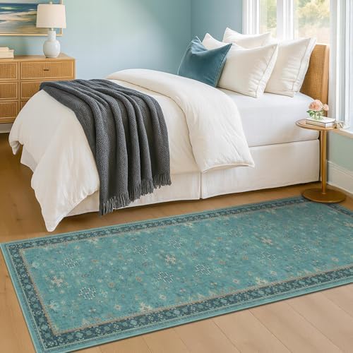 Hazo Haus Boho 2x7 Long Non Slip Kitchen Rug Runner - Teal Washable Rug for Bathroom, Hallway, Door Mats Indoor Entrance,Non Slip with Rubber Backing, Vintage Floral Indoor Décor - Image 6