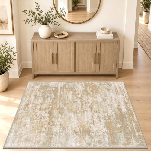 3x5 Area Rug Washable Entryway Rug Non Slip Abstract Tear and Stain Resistance No Pile Lightweight Throw Rugs Carpet for Kitchen, Entrance, Foyer, Bedside, Mudroom, Beige/Yellow by TTelephant