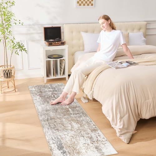 UERMEI 2x6 Washable Runner Rug for Hallway, Non Slip Low Pile Kitchen Carpet, Neutral Modern Abstract Indoor Floor Mat for Entryway Laundry, Kid & Pet Safe High Traffic Area, Brown/Grey/Red - Image 4