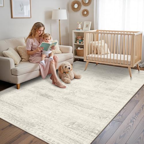 Vintage 5x7 Washable Neutral Area Rugs, Ivory Rug for Living Room - Image 4