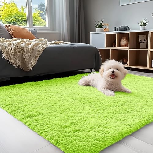 OLANLY 3x5 Machine Washable Small Bedside Rug, Soft Fluffy Shaggy Rugs for Living Room, Bedroom, Indoor Floor Carpet for Kids Girls and Boys, Preppy Dorms, Nursery, Home Decor Aesthetic, Lime Green by OLANLY