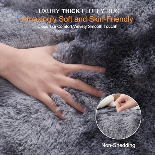 3x5 Thick Tie-dye Dark Grey Fluffy Shag Rug for Bedroom, Washable Carpet - Image 2