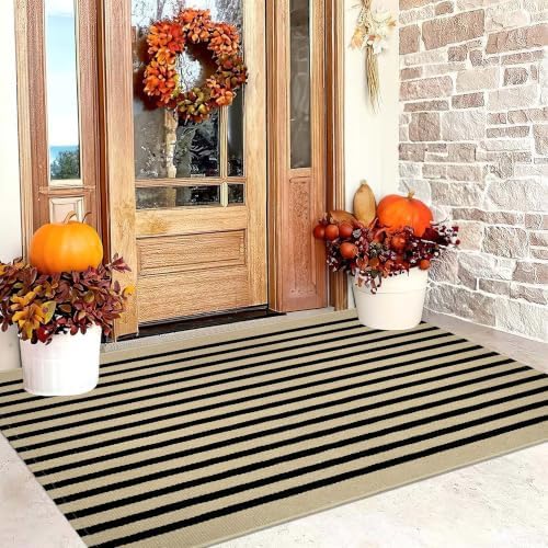 BUAGETUP Washable Outdoor Rug 3'x5'Black and Tan Striped Porch Rug Area Rug - Image 5