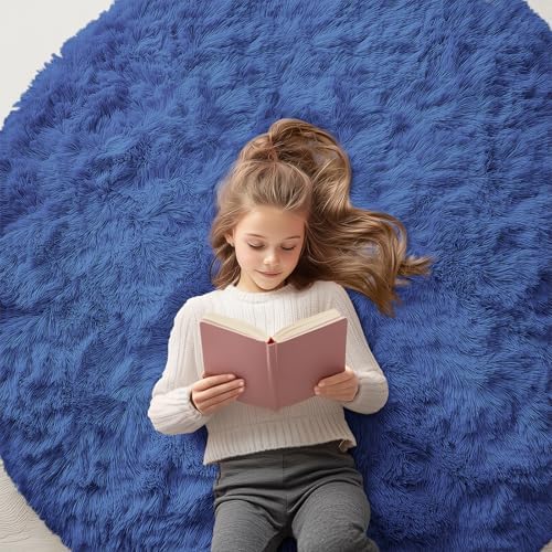 OLANLY Navy Blue Round Rugs for Bedroom - Machine Washable, 5 ft Circle Area Rugs for Living Room, Soft and Fluffy Shaggy Carpet for Teen Girls and Boys, Nursery Rooms, Dorms, Home Decor Aesthetic by OLANLY