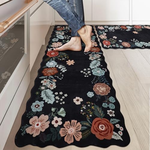 Homcomoda Kitchen Mats for Floor 3PC, Floral Washable Kitchen Rugs Non Slip Cushioned Comfort Standing Mat 20 "x32+20 "x47+20 "x59 by Homcomoda