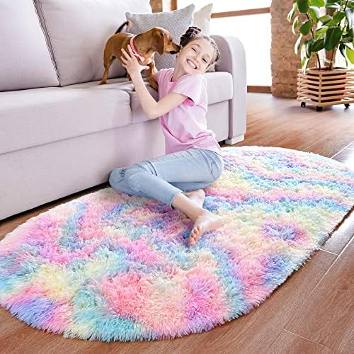 Noahas Oval Fluffy Rainbow Rug 2.6X5.3 Small Kids Rugs for Bedroom Girls And Boys Aesthetic,Bedside Bedroom Rug,Ultra Soft Runner Carpet Modern Shaggy Nursery Area Rugs Home Decor - Image 2