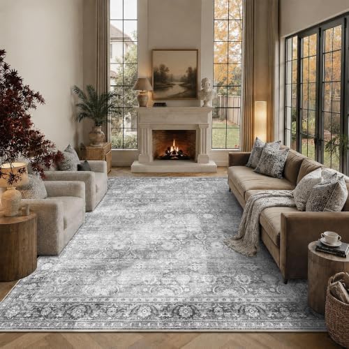 JOOJA 8x10 Grey Vintage Soft Low Pile Non Slip Boho Washable Area Rug by JOOJA