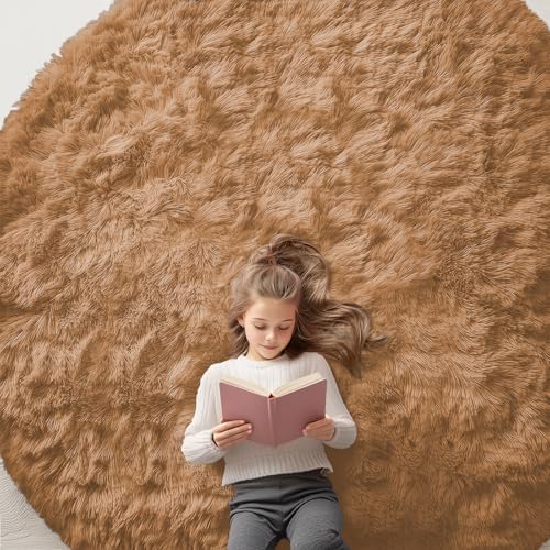OLANLY Khaki Round Rugs for Bedroom - Machine Washable, 8 ft Circle Area Rugs for Living Room, Soft and Fluffy Shaggy Carpet for Teen Girl and Boys, Nursery Rooms, Dorms, Home Decor Aesthetic by OLANLY
