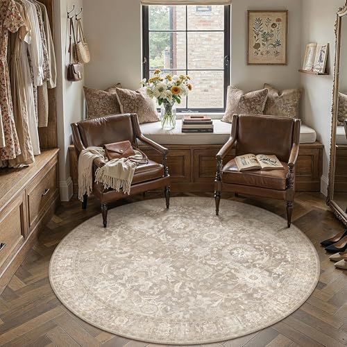 HUGEAR 6x6 Round Rugs Beige Vintage Rug for Living Room - Image 2