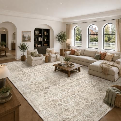JOOJA 10x14 Large Beige Vintage Low Pile Non Slip Washable Neutral Area Rug - Image 2