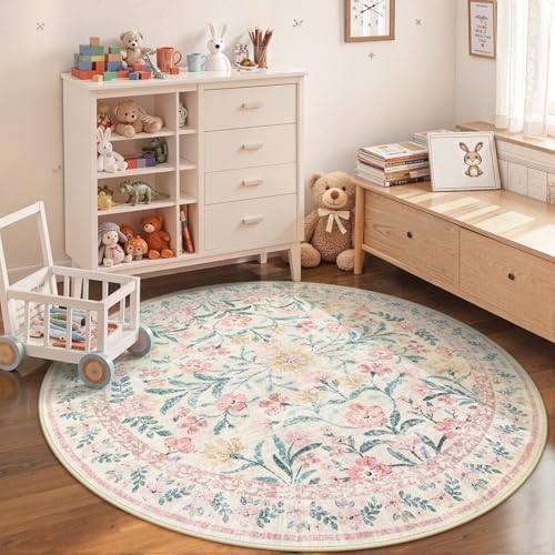 Wonnitar Washable Round Rugs 6ft, Pink Floral Circle Rug Large Round Carpet for Bedroom, Boho Soft Ultra-Thin Circular Carpets for Kids Playroom Living Room Nursery - Image 6