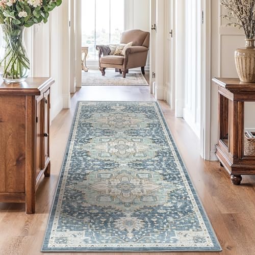 Amada 2'6x8' Washable Runner Rug for Hallway, Blue/Yellow, Vintage Style by AMADAHOMEFURNISHING