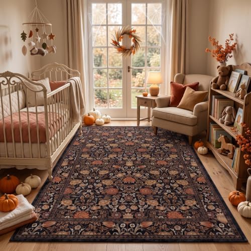 GarveeHome Dark Brown Floral Washable Rug 5x7 for Bedroom Living Room - Image 2