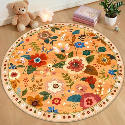 RELEANY Floral Washable Round 4ft Area Rug Orange/Yellow/Red by RELEANY