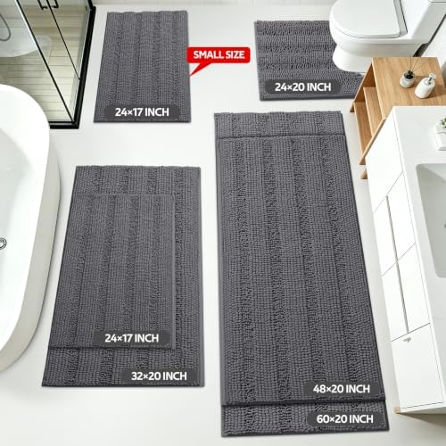 Striped Grey Bathroom Rug Mat Set 2 piece 32"x20"+60"x20" Ultra Soft, Non Slip Chenille Bath Rugs, Absorbent Plush Shaggy Bath Mats for Bathroom, Bedroom, Kitchen, Shower, Tub,Dark Gray, Charcoal - Image 2