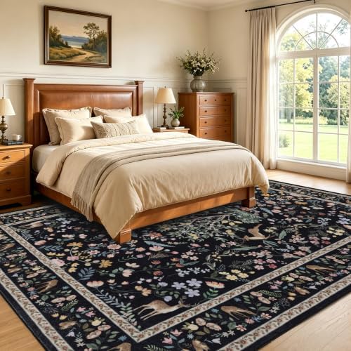 RCTJHOME 9x12 Black Floral Vintage Washable Area Rug Non-Slip Soft Carpet - Image 4