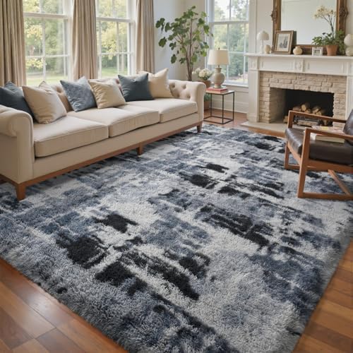8x10 Ft Extra Large Shag Rugs for Living Room, Tie Dyed Ultra Soft Fluffy Furry Area Rugs for Bedroom Indoor Floor, Aesthetic Carpet for Kids Home Decor (Blue) by Cuzwlovita
