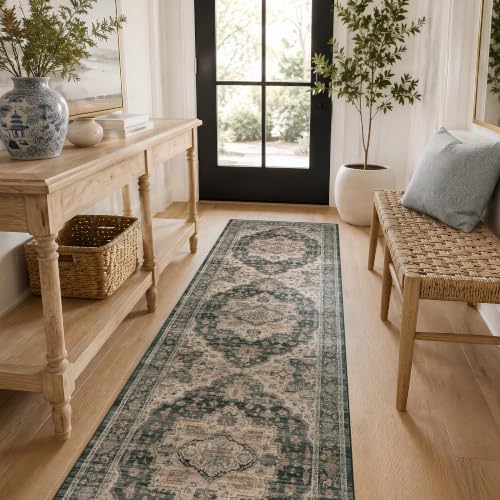 Rugshop Vintage Medallion Machine Washable Non-Slip Runner Rug, 2'x8' Green by Rugshop