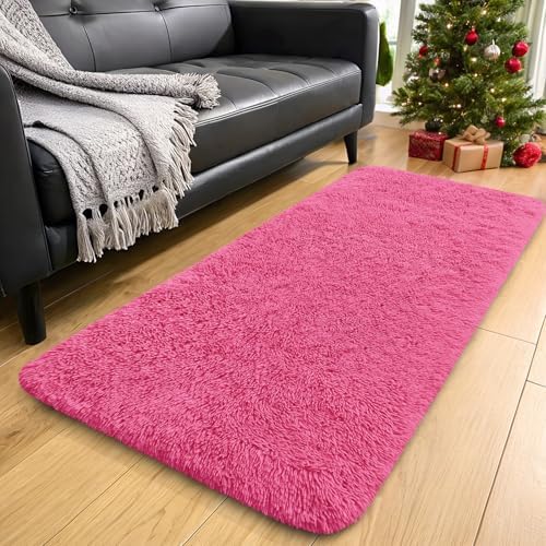 OLANLY 2x4 Machine Washable Runner Rugs for Hallway, Soft Fluffy Shaggy Bedside Rugs for Bedroom, Living Room, Indoor Floor Carpet for Kids Girls Boys, Nursery Rooms, Home Decor Aesthetic, Hot Pink by OLANLY