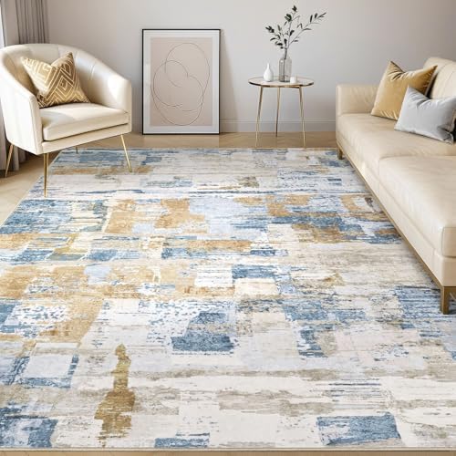 kakania Abstract 9x12 Area Rugs for Living Room: Washable Rugs Blue Gold by kakania
