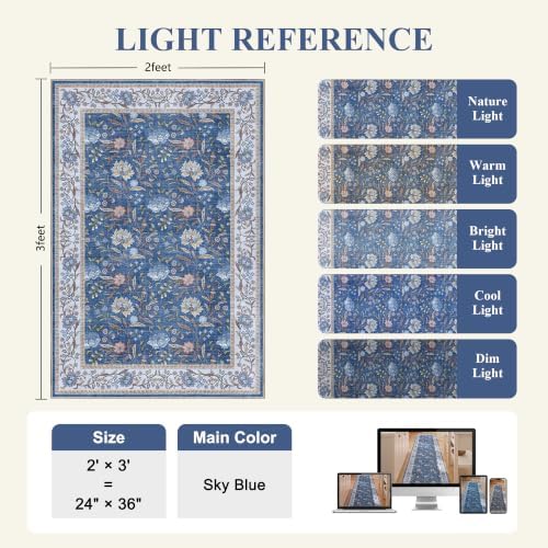 DUKINO 2x3 Rug, Washable Vintage Floral Bathroom Rugs Non Slip, Sky Blue - Image 2