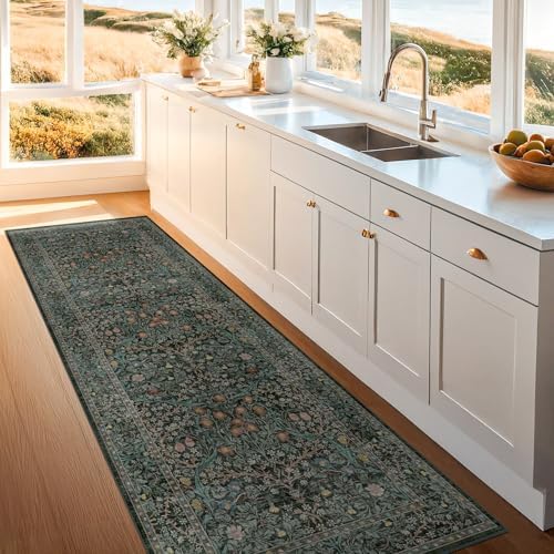 Dark Green 3x10 ft Extra Long Wide Runner Rug for Hallway Non Slip Washable, Large Kitchen Indoor Floor Rugs for Entryway Bathroom Bedroom, Stain Resistant Vintage Floral Carpet - Image 3