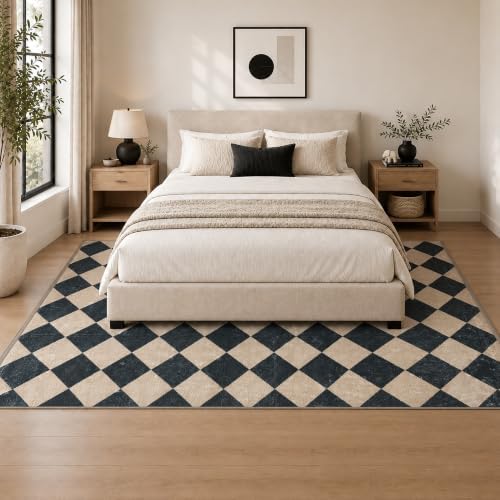 2x3 Checkered Area Rug for Living Room, Soft Low Pile Black & Taupe rugs - Image 2