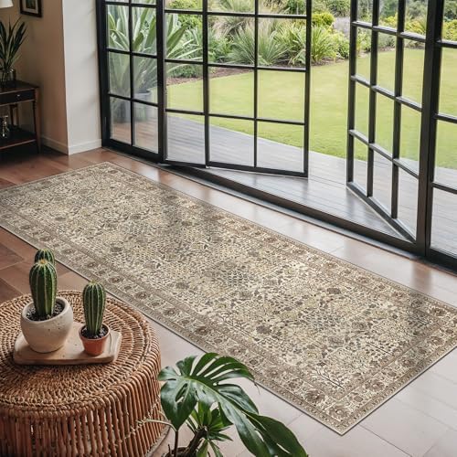 Bavni 2'6" x 6' Kitchen Runner Rug, Washable Non Slip, Cream Brown - Image 2