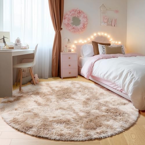 ONASAR Round Rugs 6ft for Living Room Bedroom, Tie-Dye Beige Fluffy Circle Area Rug for Kids Girls Boys Teen, Soft Plush Shaggy Carpet for Nursery Dorm Classroom Playroom Home Decor Aesthetic - Image 5