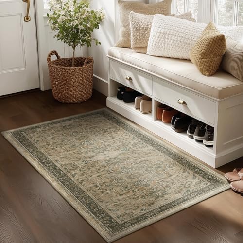 Moody 3x4 Rugs for Entryway Indoor, Distressed Medallion Door Mat Indoor Entrance, Washable Non Slip Low Pile Thin Small Carpet Rug for Kitchen/Bedroom/Bathroom/Laundry Room, Multi Brown/Olive by Jainmy