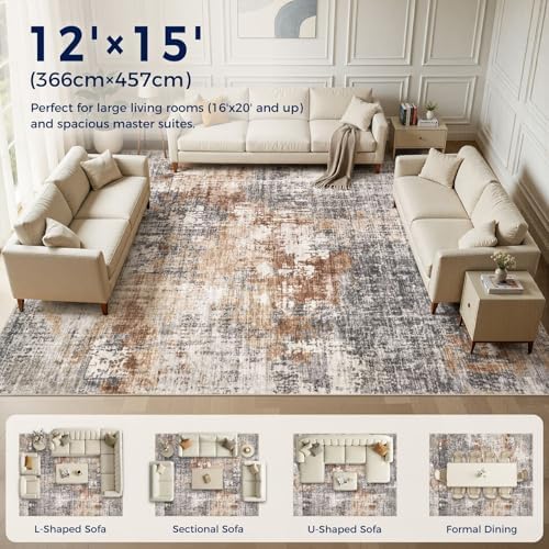 DMOYEST Area Rug Living Room Rugs - 12x15 Washable Large Soft Indoor Neutral Modern Abstract Low Pile Rug Carpet for Bedroom Dining Room Farmhouse Home Office - Grey Brown - Image 4