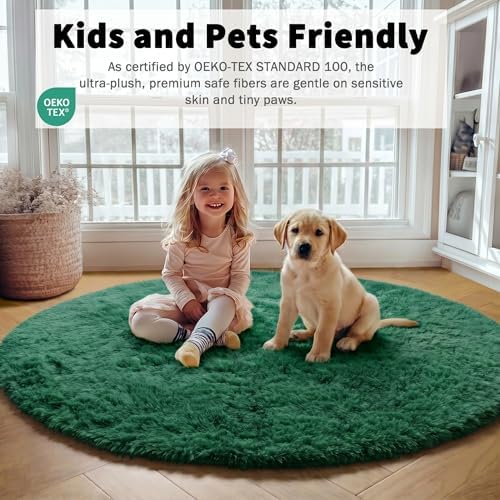 Dark Green Fluffy Round Rug Circle Area Rugs 4ft for Kids Teen Bedroom - Image 3