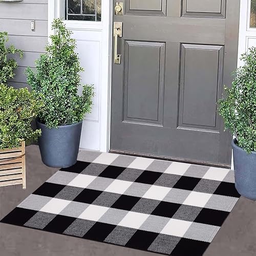 Fall Buffalo Plaid Doormat 24"x35"Black White Outdoor Rug for Front Porch - Image 5