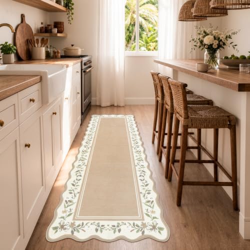 Lahome Kitchen Runner Rug 2x6, Beige Scalloped Floral Rug - Image 2