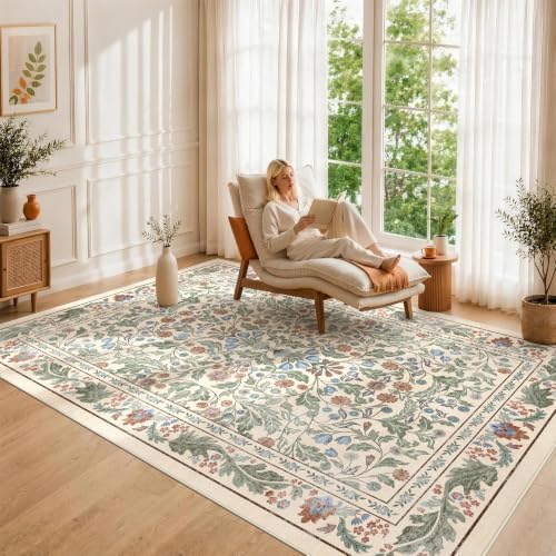 Floral 8x10 Area Rugs for Living Room, Machine Washable Vintage Rug Boho Low Pile Carpets Non Slip Soft Carpet for Farmhouse Bedroom Office Rugs, Kids Room, Nursery Room, Playroom, Beige - Image 3