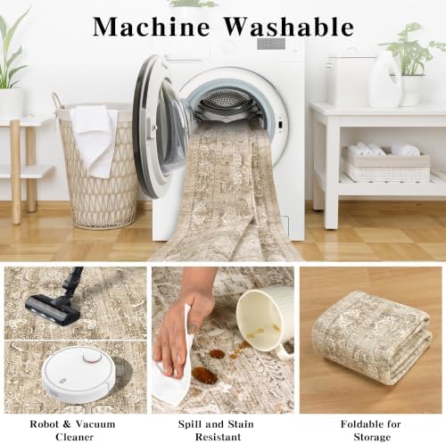 3x5 Washable Entryway Area Rug Non-Slip Vintage Khaki Throw Carpet - Image 6